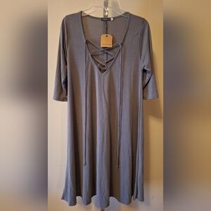 NWT Earthbound Dress Grey 3/4 SLV with lace up front Women's Size Small